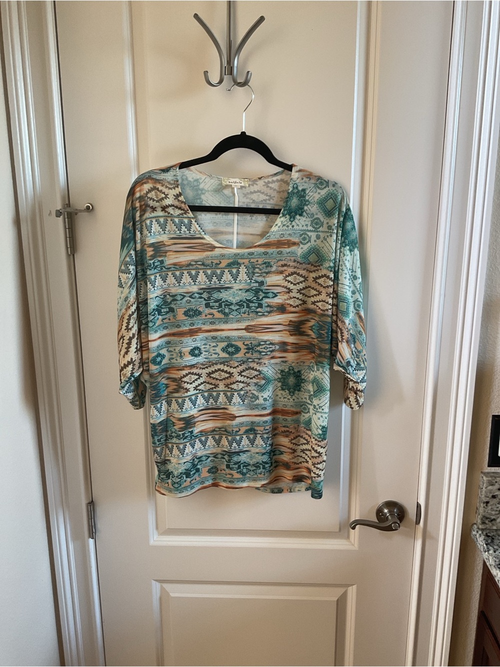 Nurture by Lamaze Teal and Tan Aztec-Stripe Scoop Neck Top